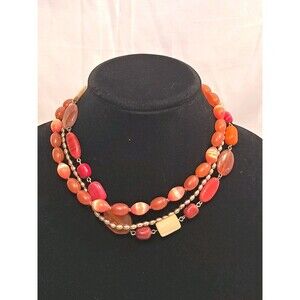 Peyote Bird Free Spirit Orange Gold Bead Gemstone 3 Strand Necklace 17.5" Item (